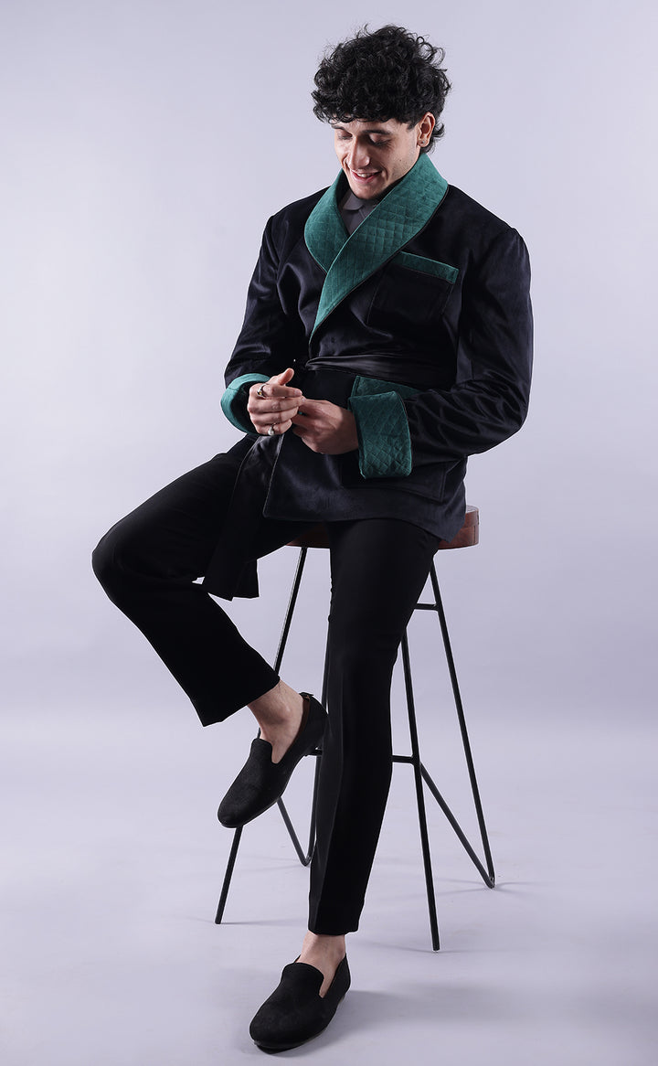 Men's Black Velvet Smoking Jacket - Luxurious Formal Wear, Classic Style