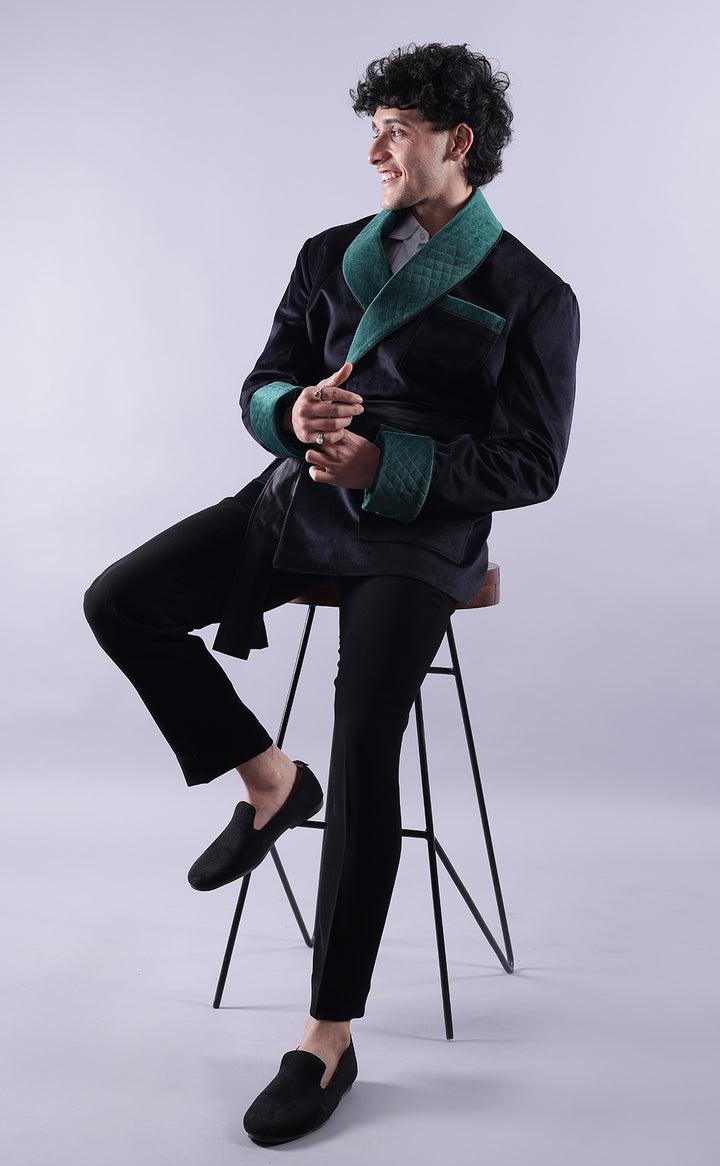 Men's Black Velvet Smoking Jacket - Luxurious Formal Wear, Classic Style