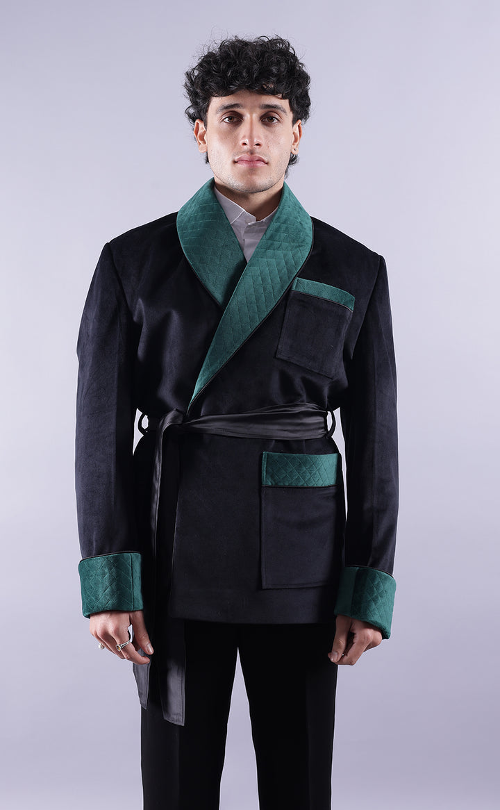 Men's Black Velvet Smoking Jacket - Luxurious Formal Wear, Classic Style