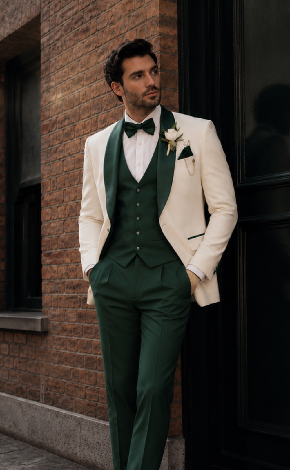 emerald green tuxedo dress Ivory Jacket · Waistcoat · Emerald Trousers — Three-Piece Suit 34 / R / 42 Burgundy Velvet Wrap A-Line remove_amazon Prom suit Perfect for making a Size:8 (Buy Now)