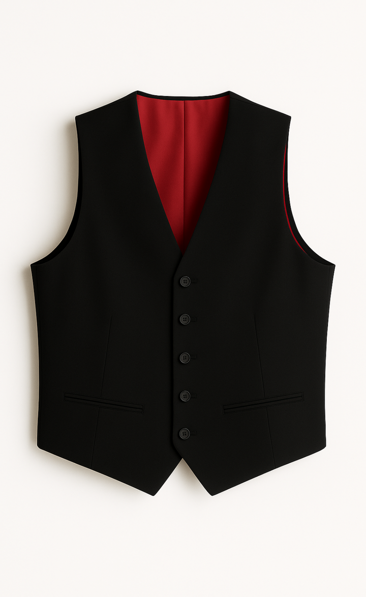 Black Vest for Men – Fully Lined with Red Satin & 5-Button Closure