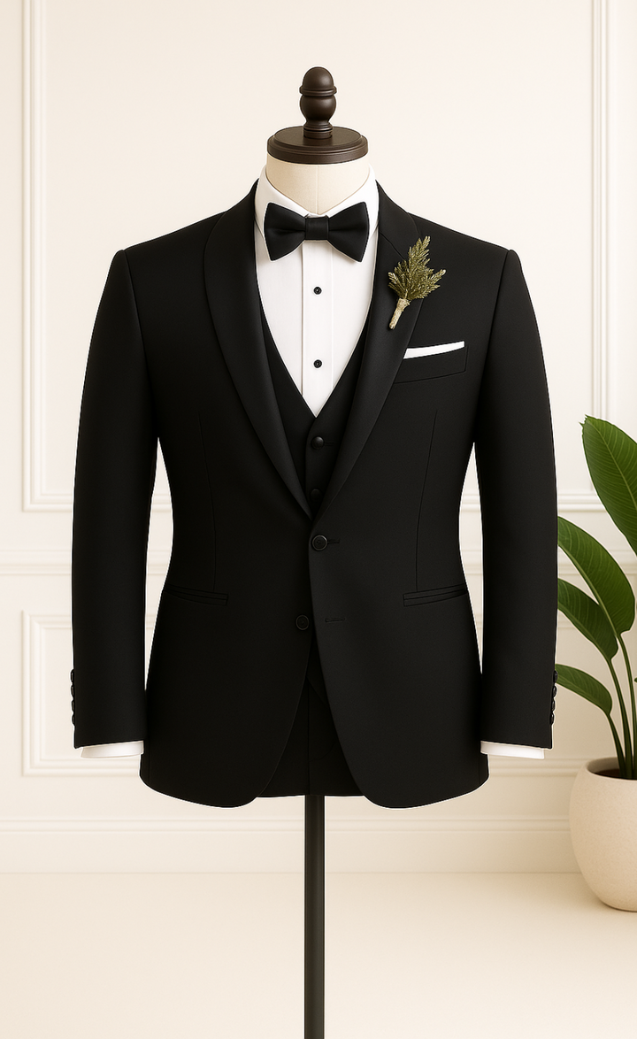 Men's Classic Black Shawl Lapel 3-Piece Tuxedo - Sleek Wedding and Event Attire - Timeless Formal Suit