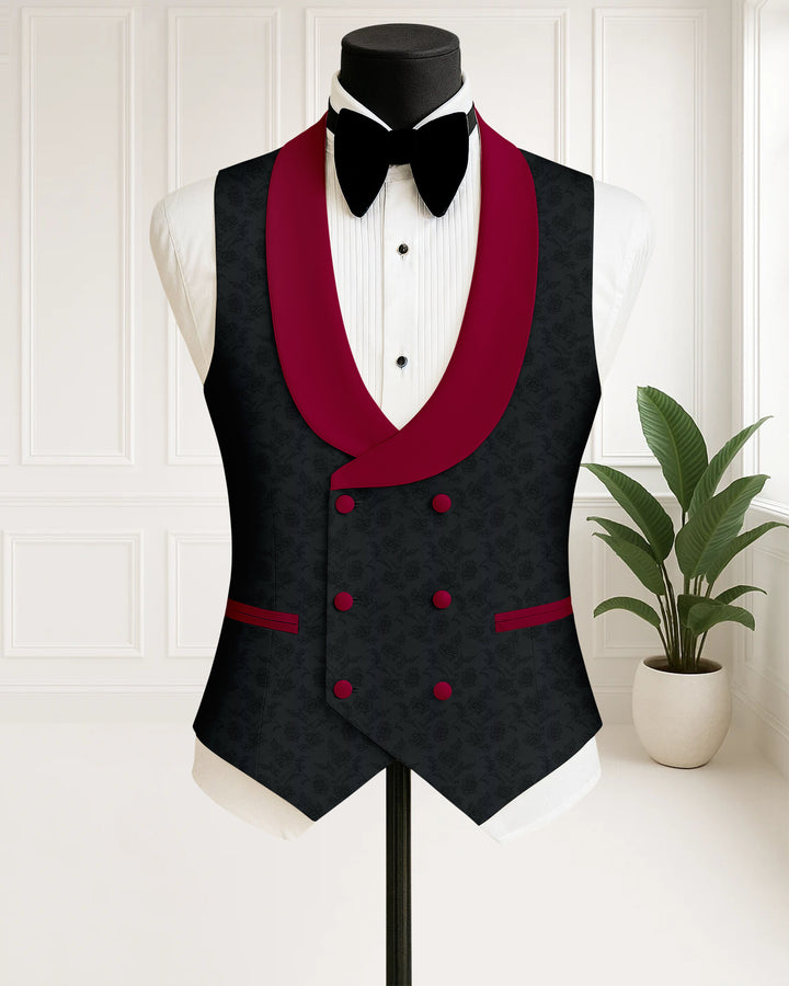 Midnight Crimson Tuxedo – Limited Edition Black Jacquard with Maroon Lapels | Prestige Collection”