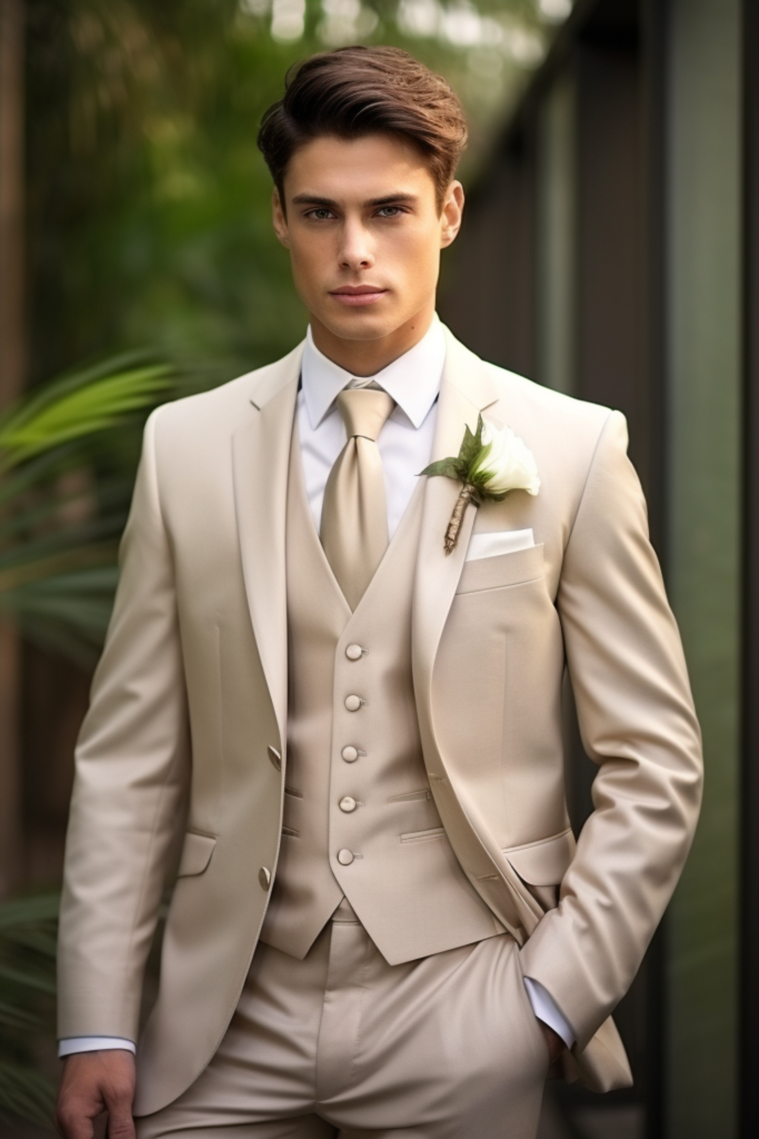 Chic Champagne Men's Three-Piece Suit - Sophisticated Business and