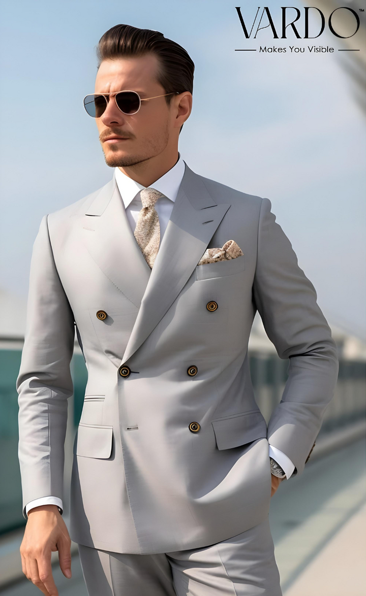 Classic Light Grey Double Breasted Suit for Men - Timeless Style and Elegance- Tailored Suit - The Rising Sun store, Vardo