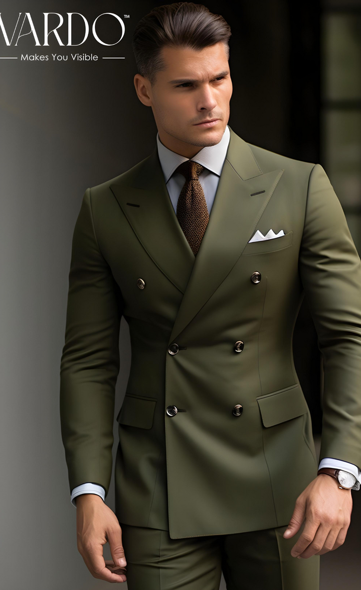 Classic Formal Attire Khaki Green Double Breasted Suit