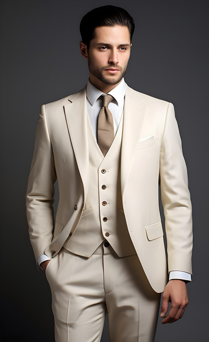 Cream Color Three Piece Wedding and Business Suit for Men - Ultimate Elegance and Versatility