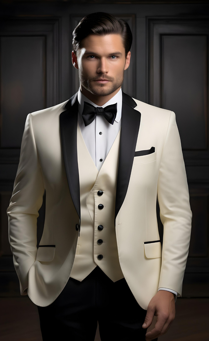 Cream Tuxedo with Black Satin Shawl Lapels - The Perfect Wedding and Business Suit for Men