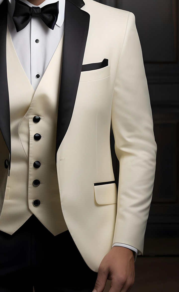 Cream Tuxedo with Black Satin Shawl Lapels - The Perfect Wedding and Business Suit for Men