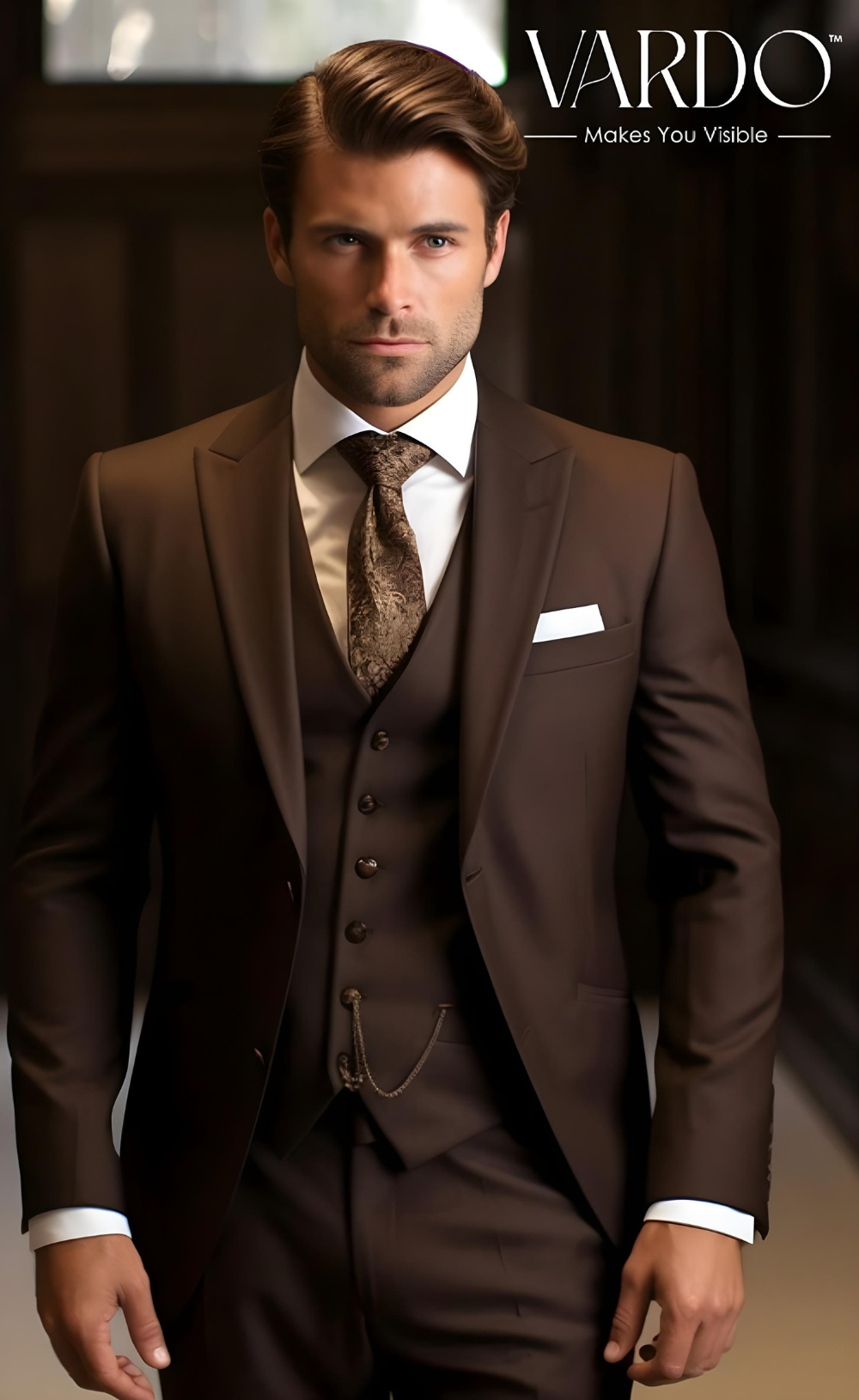 Dark Brown Three Piece Suit - Premium Men's Wedding Suit - Tailored Fit, The Rising Sun store, Vardo