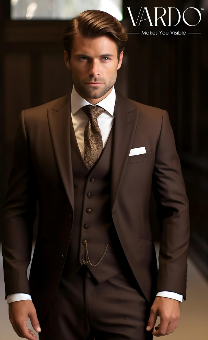 Dark Brown Three Piece Suit - Premium Men's Wedding Suit - Tailored Fit, The Rising Sun store, Vardo