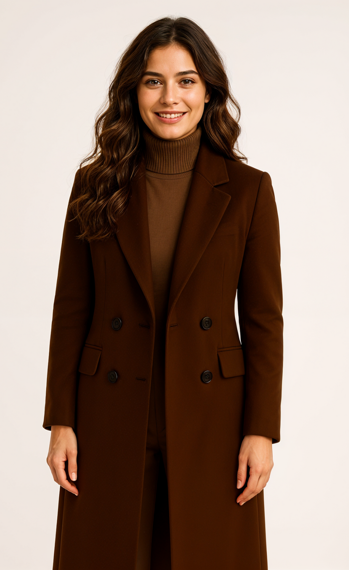 Woman wearing a brown coat and turtleneck against a white background