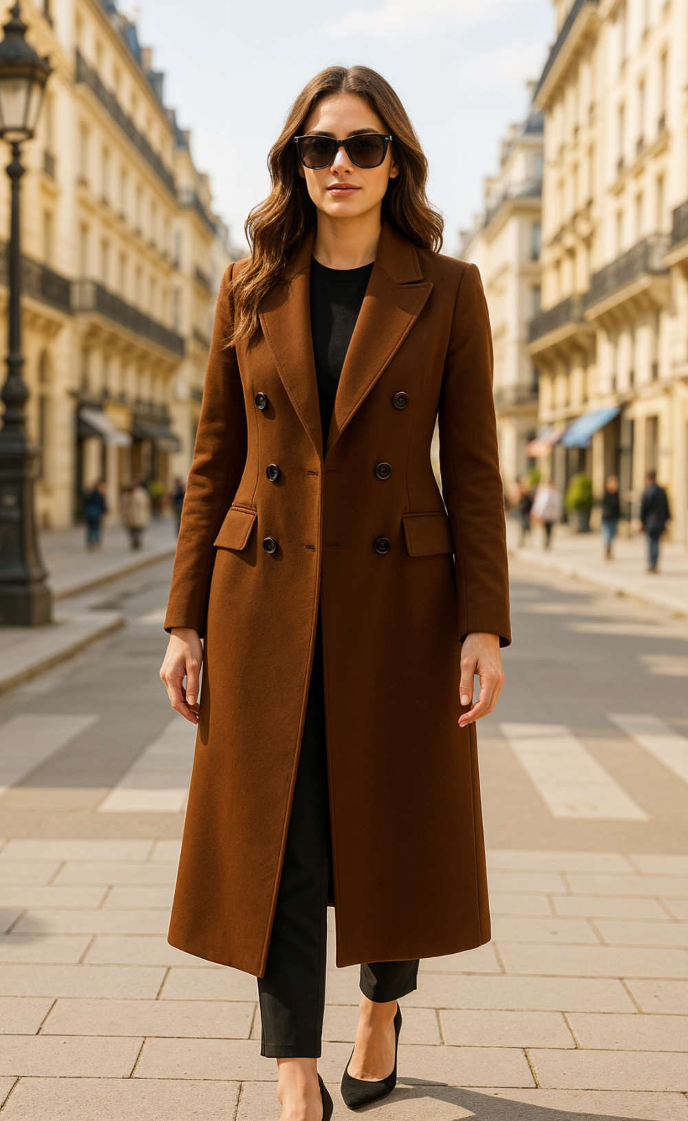 Dark Brown Wool Women’s Double-Breasted Trench Coat – Classic Winter Elegance