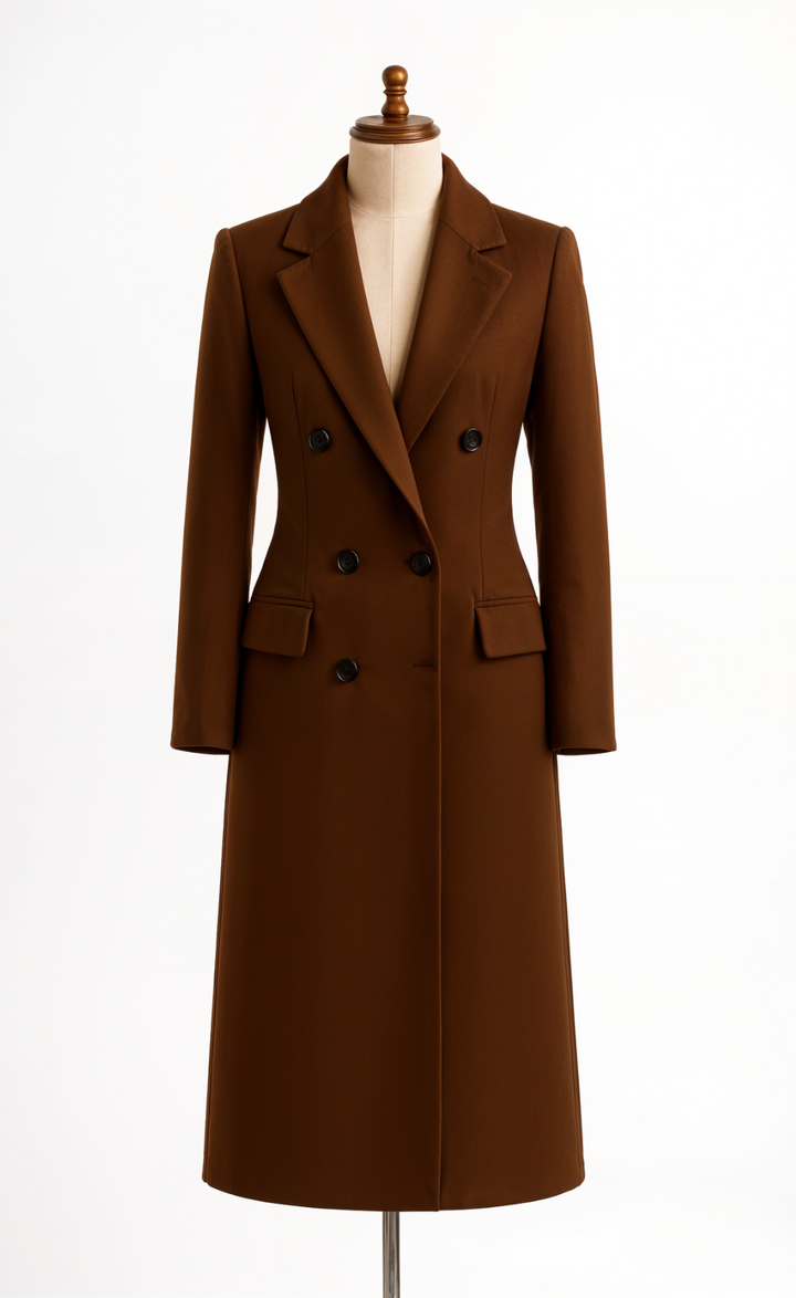Dark Brown Wool Women’s Double-Breasted Trench Coat – Classic Winter Elegance