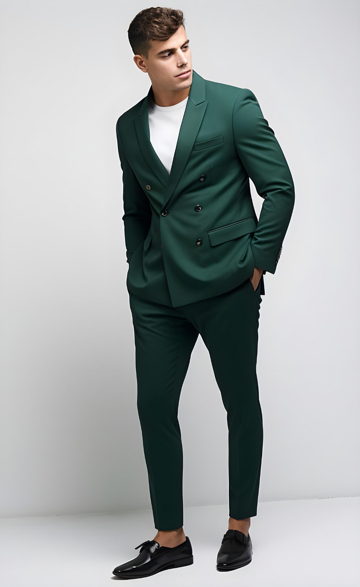 Dark Green Double Breasted Suit for Men - Perfect for Weddings and Business, Elegant and Versatile