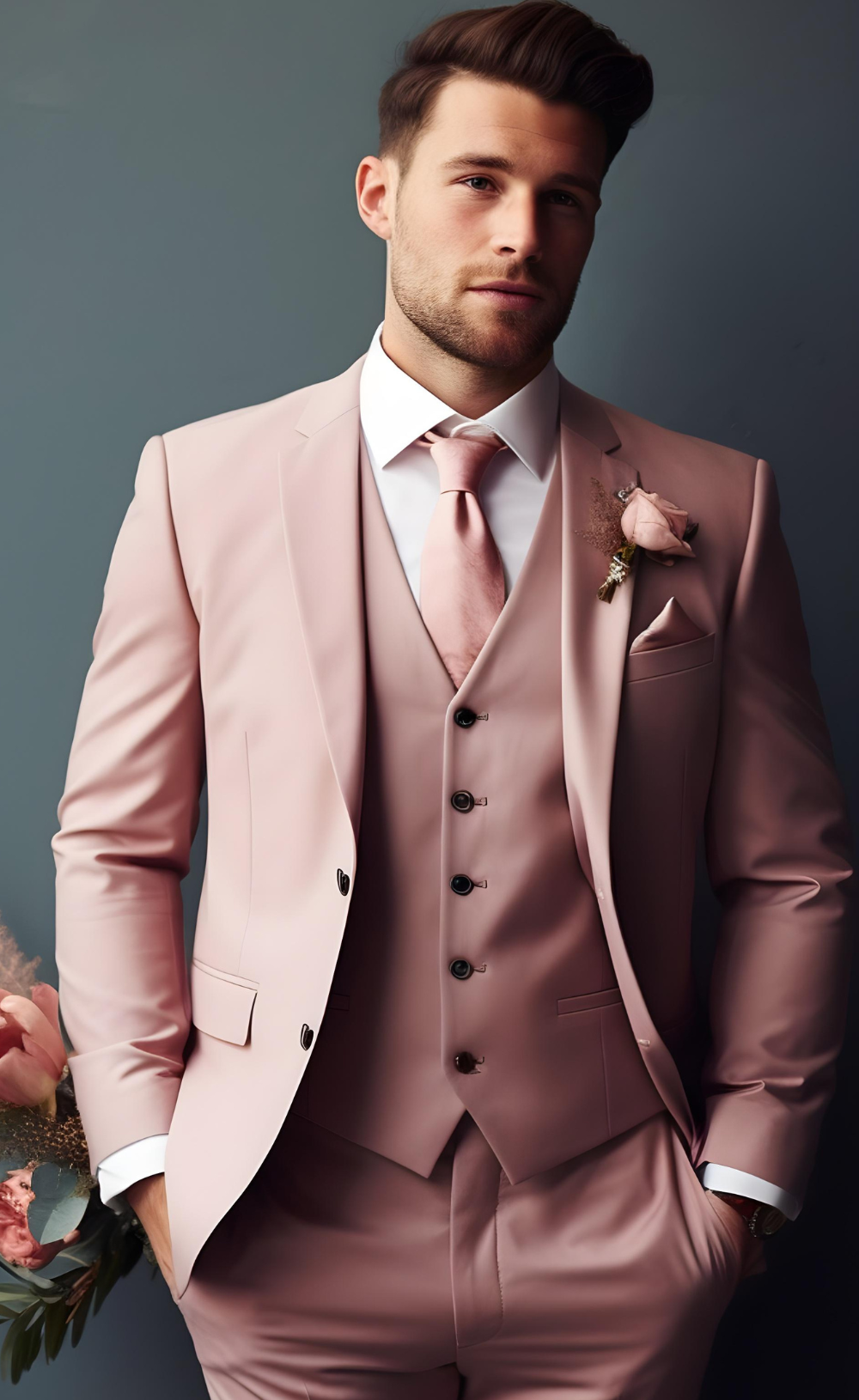 Men's Dusty Rose Notch Lapel 3-Piece Suit Contemporary Business