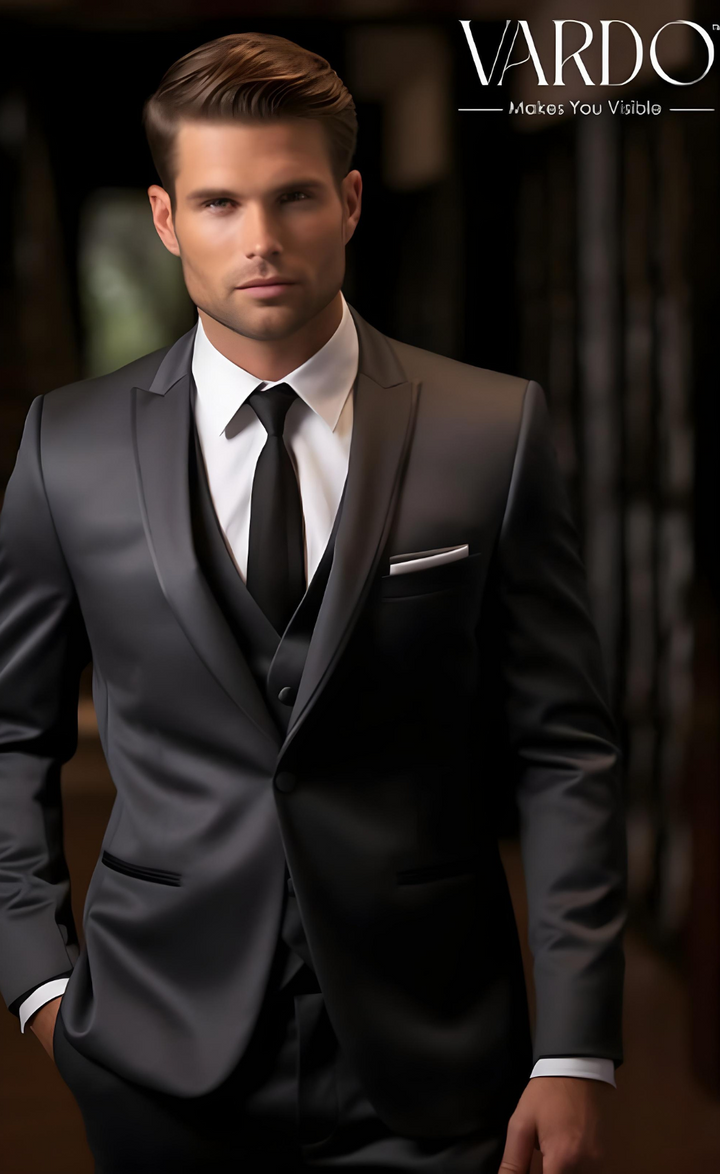 Elegant Dark Grey Three Piece Tuxedo Suit for Men