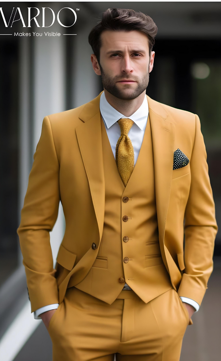 Elegant Mustard Yellow Three-Piece Suit for Men -  Tailored Fit, The Rising Sun store, Vardo