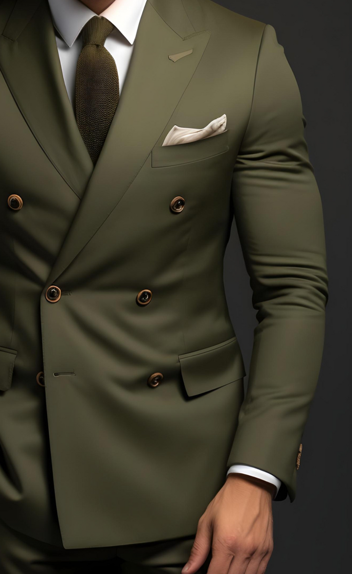 Khaki Green Double Breasted Wedding and Business Suit for Men - Stylish, Distinguished, and Versatile