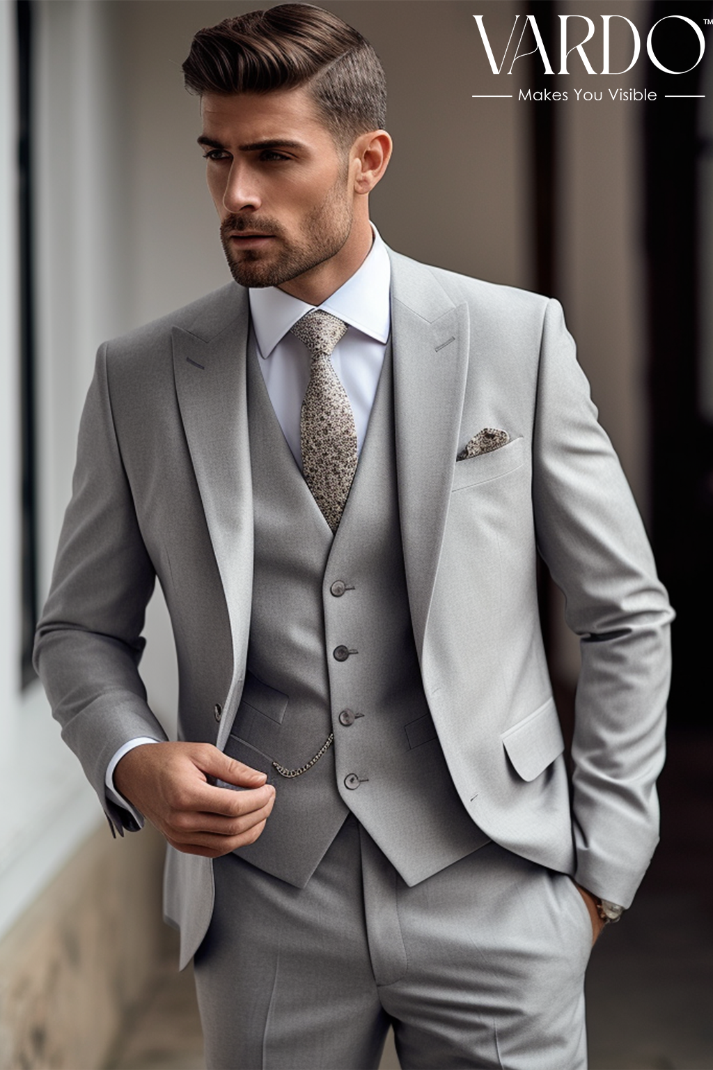 Stylish Light Grey Three Piece Suit for Men VARDO