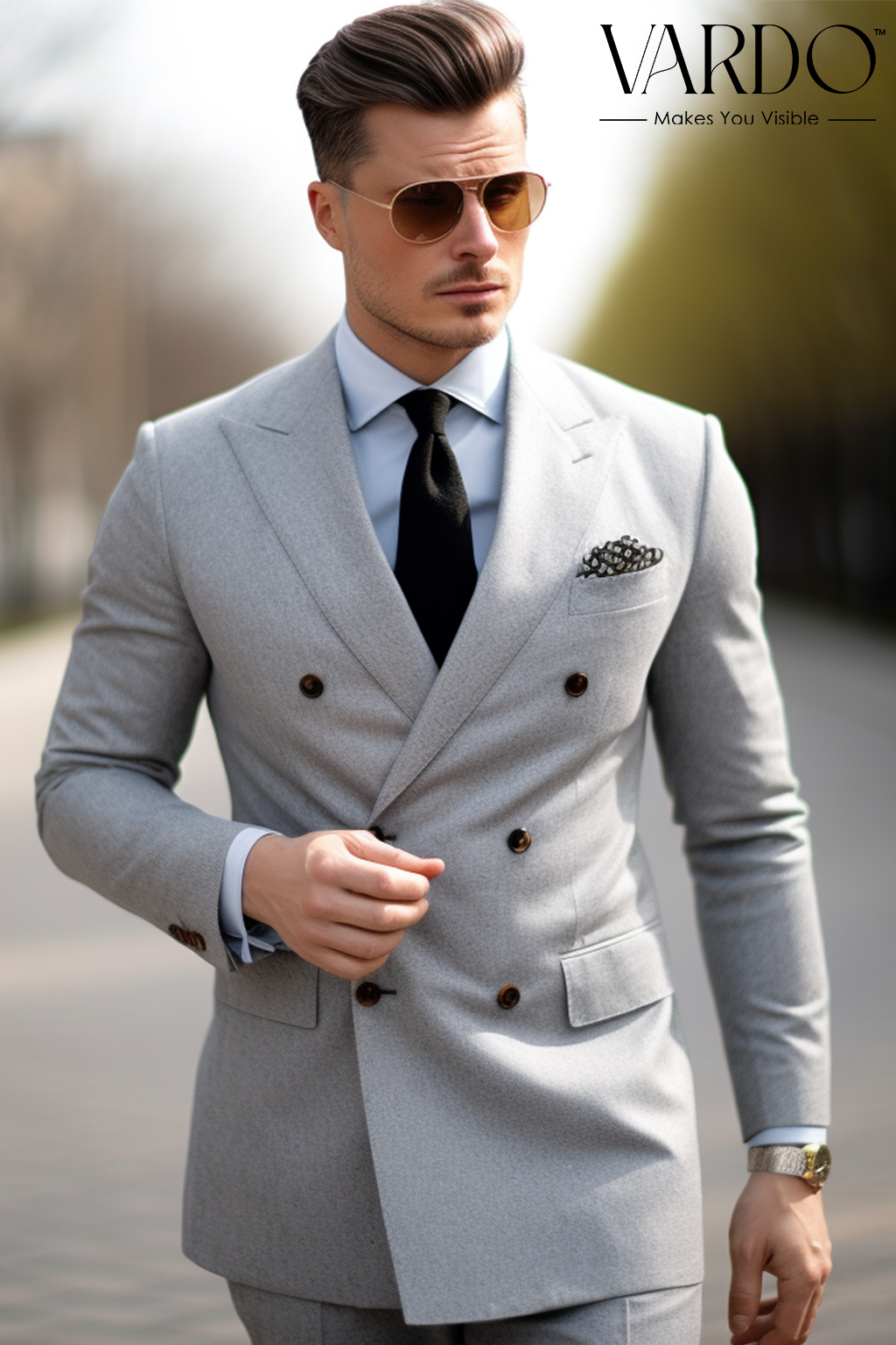 Light Grey Double Breasted Suit for Men Premium Formal Attire VARDO
