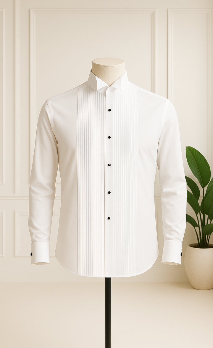 Luxury White Tuxedo Shirt with Pleated Front for Men – Formal Wear for Weddings & Black Tie Events