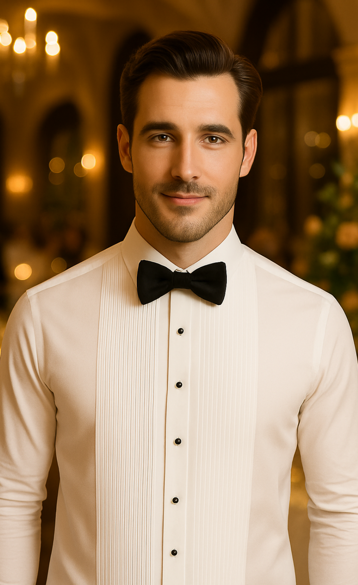 Luxury White Tuxedo Shirt with Pleated Front for Men – Formal Wear for Weddings & Black Tie Events