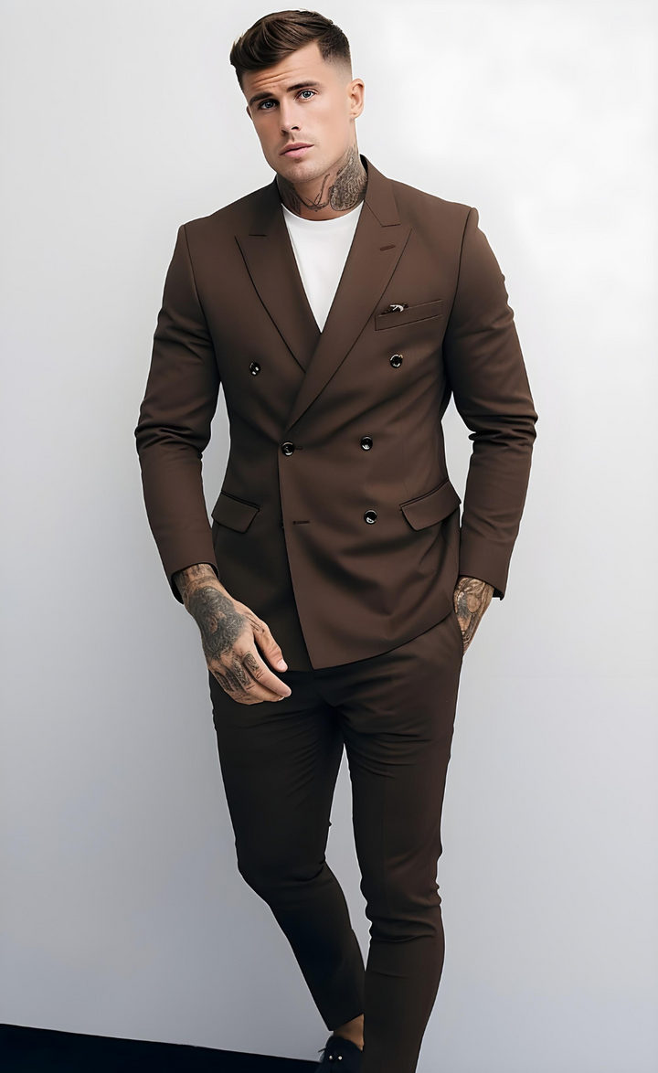 Men's Dark Brown Double-Breasted Suit - Sophisticated Business Attire - Luxurious Formal Wea