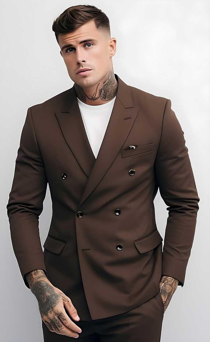Men's Dark Brown Double-Breasted Suit - Sophisticated Business Attire - Luxurious Formal Wea