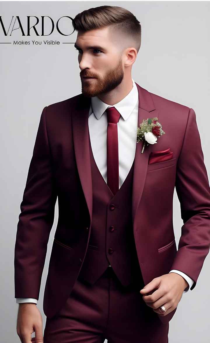 Men's Distinctive Burgundy 3-Piece Suit - Contemporary Tailored Fit - Elevate Your Formal Look, The Rising Sun Store, Vardo