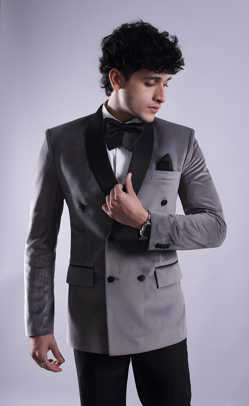 Men’s Grey Double-Breasted Tuxedo Suit - Premium Velvet Formal Wedding & Party Wear