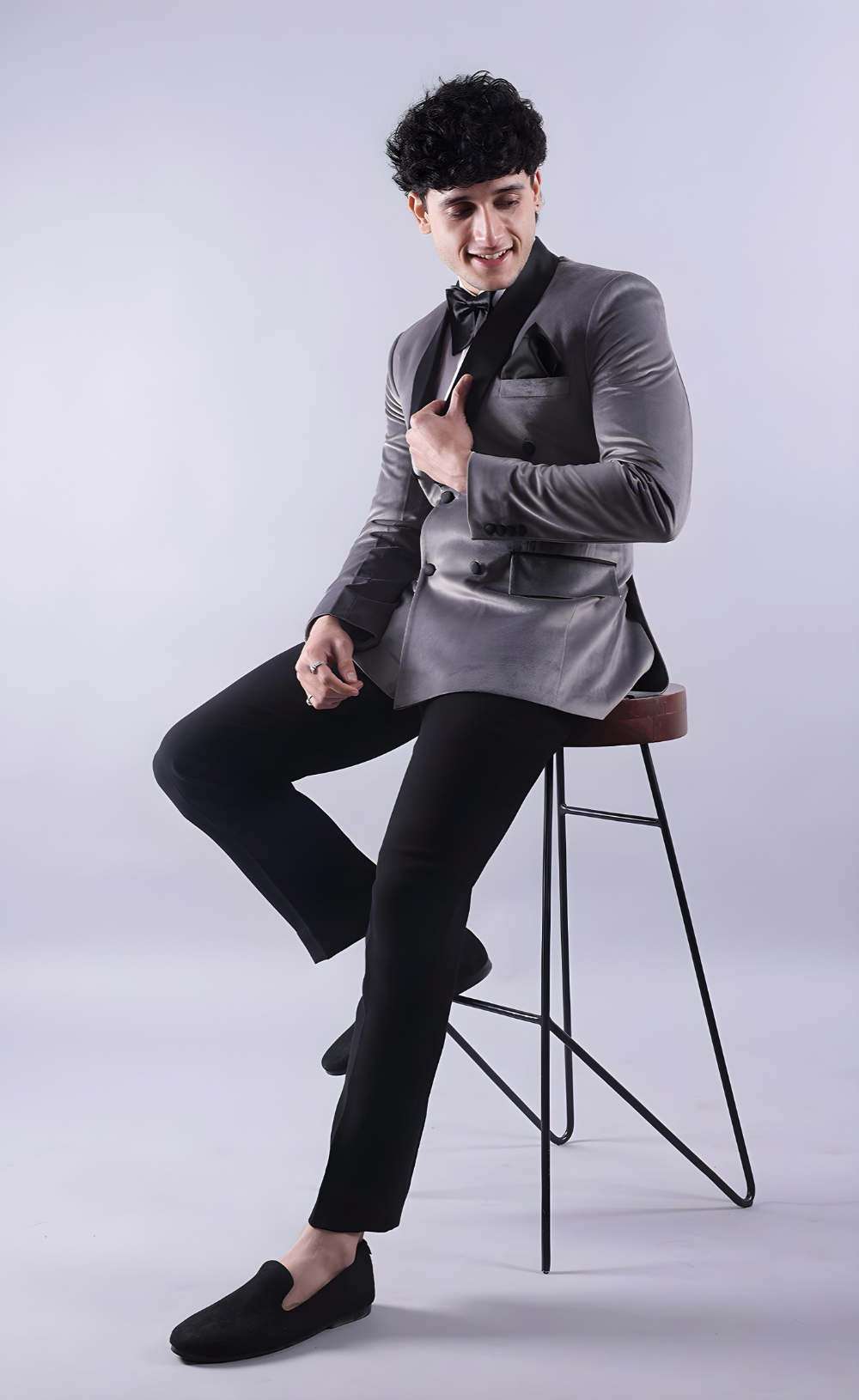 Men’s Grey Double-Breasted Tuxedo Suit - Premium Velvet Formal Wedding & Party Wear