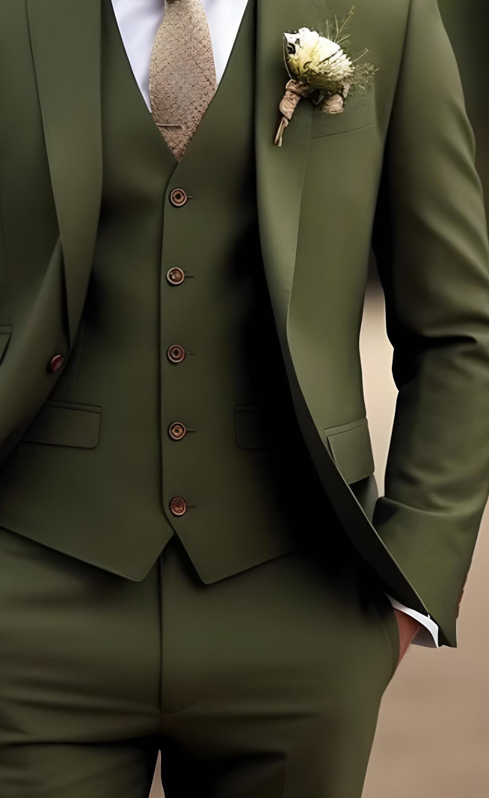 Men's Khaki Green Three Piece Suit - Stylish Formal Attire for Any Occasion