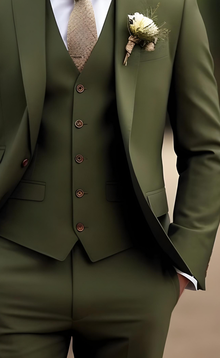 Men's Khaki Green Three Piece Suit - Stylish Formal Attire for Any Occasion