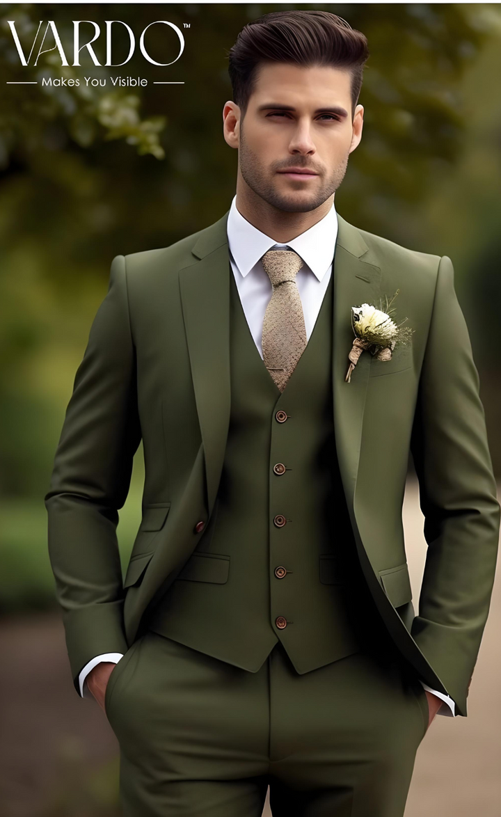 Men's Khaki Green Three Piece Suit - Stylish Formal Attire for Any Occasion