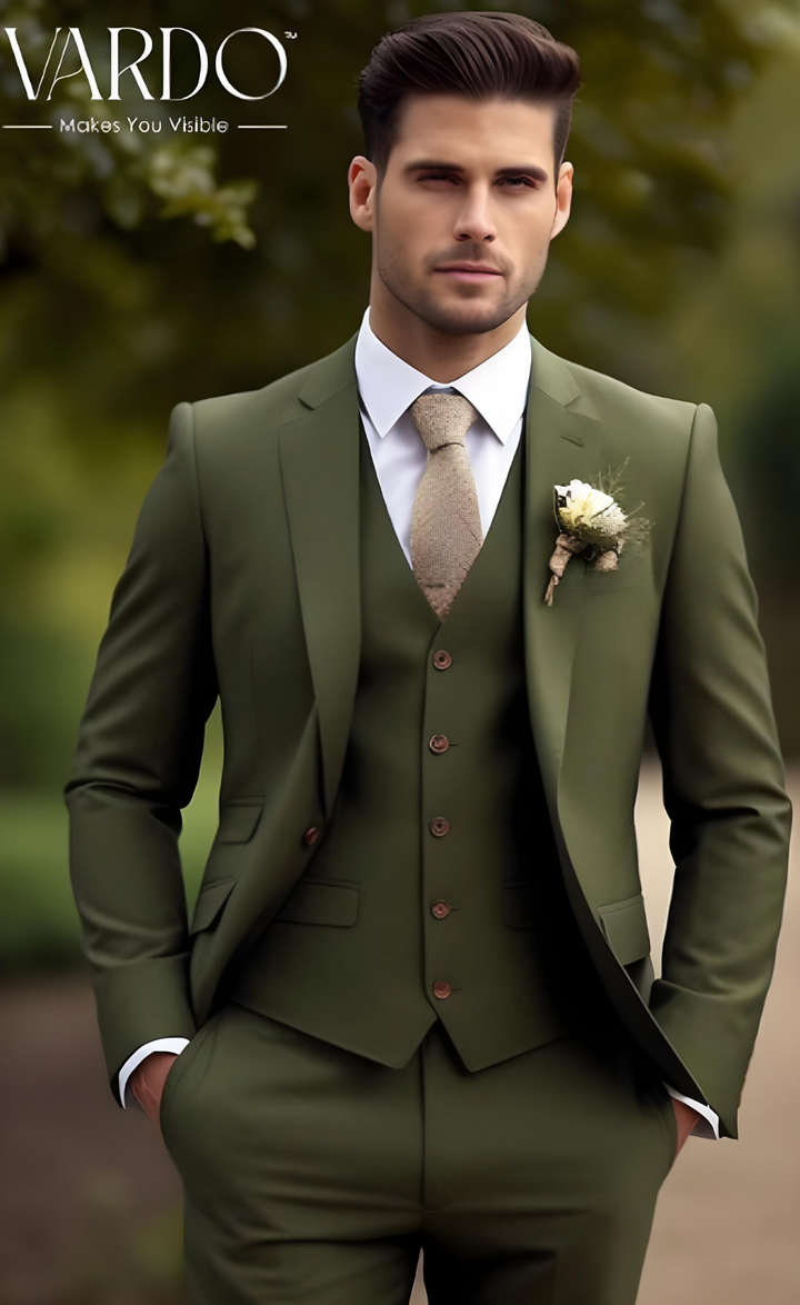 Men's Khaki Green Three Piece Suit
