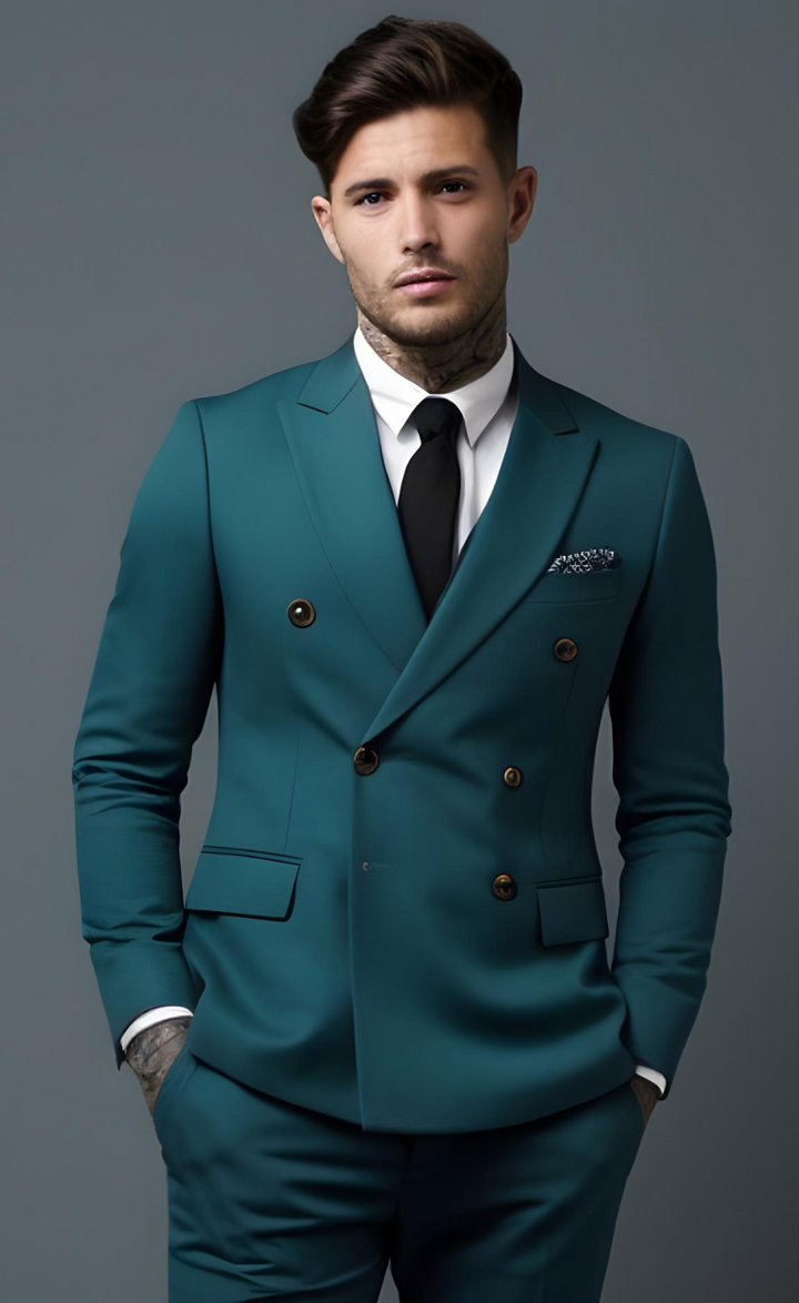 Men's Teal Blue Double-Breasted Suit - Modern Slim Fit Suit - Vibrant Formal & Business Attire