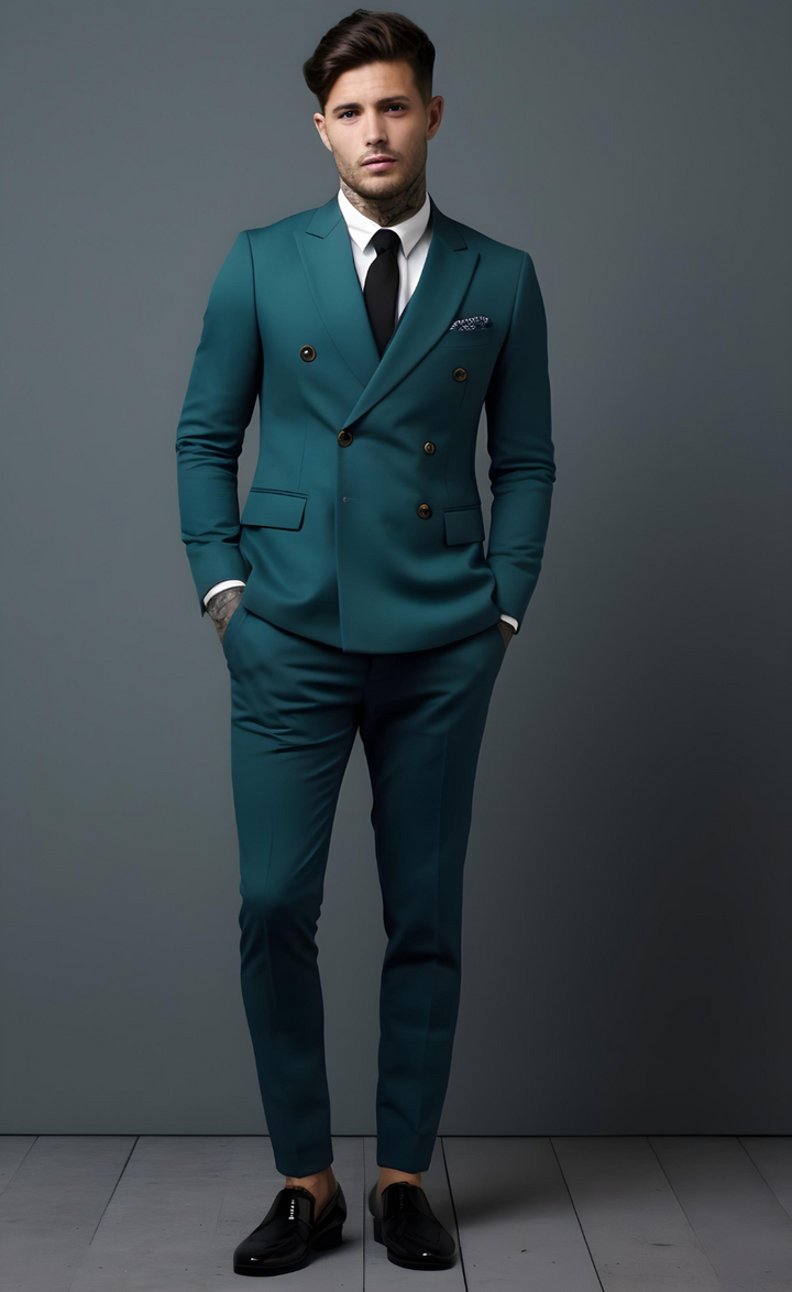 Men's Teal Blue Double-Breasted Suit - Modern Slim Fit Suit - Vibrant Formal & Business Attire