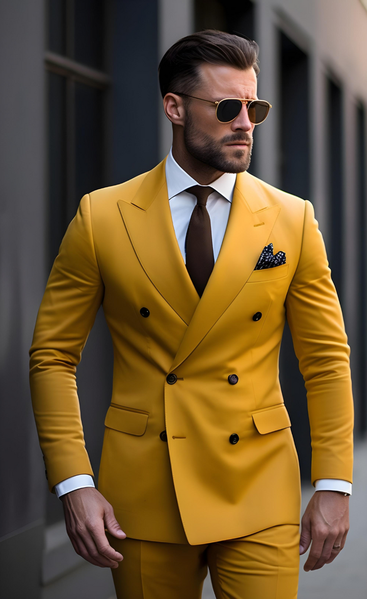 Mustard Yellow Double Breasted Wedding and Business Suit for Men - Bold Elegance and Versatility