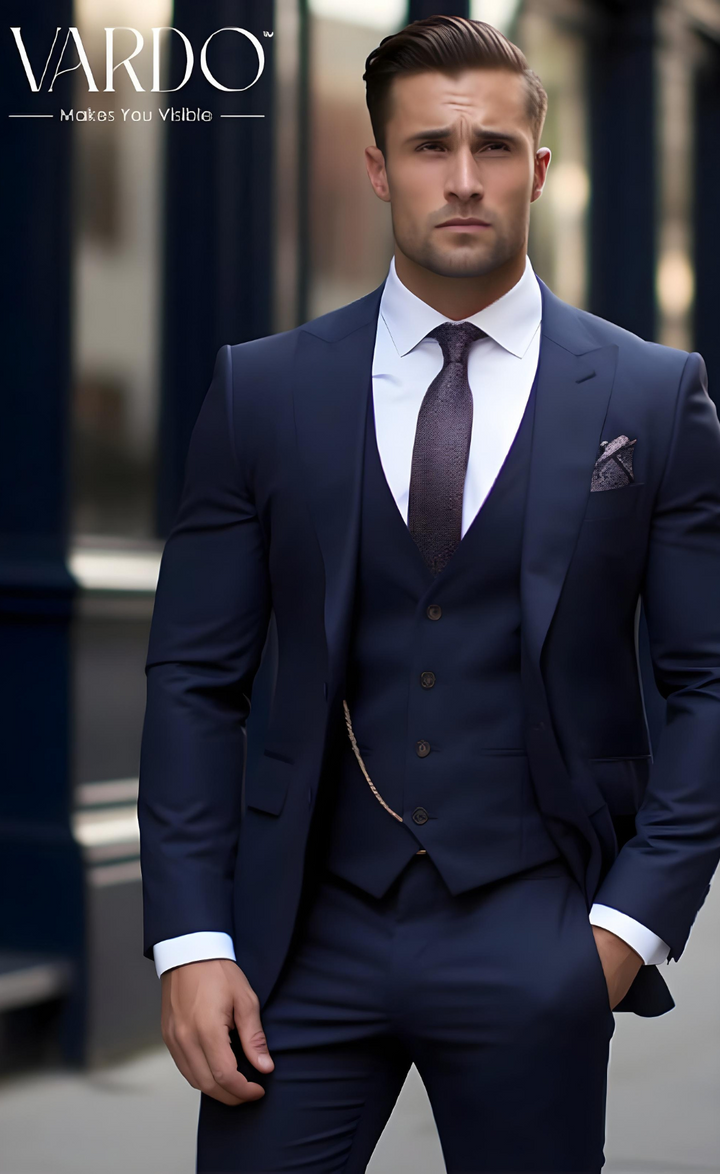 Elegant Men's Navy Blue Three Piece Suit