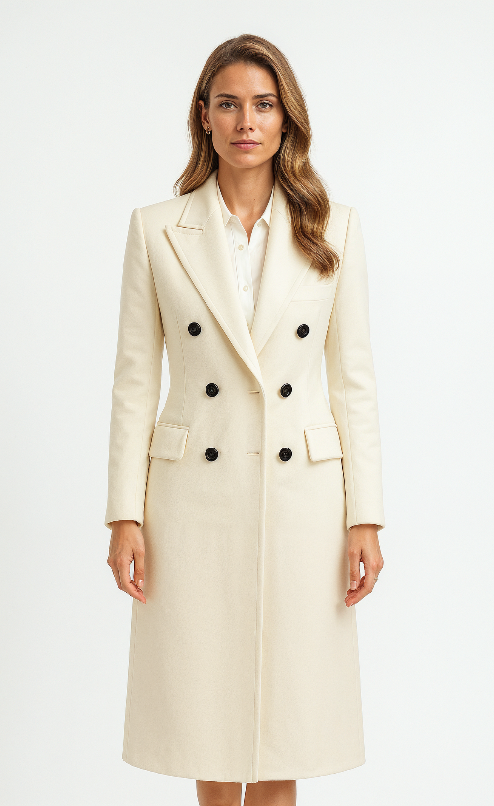 Off-White Wool Women’s Double-Breasted Trench Coat – Elegant Winter Outerwear