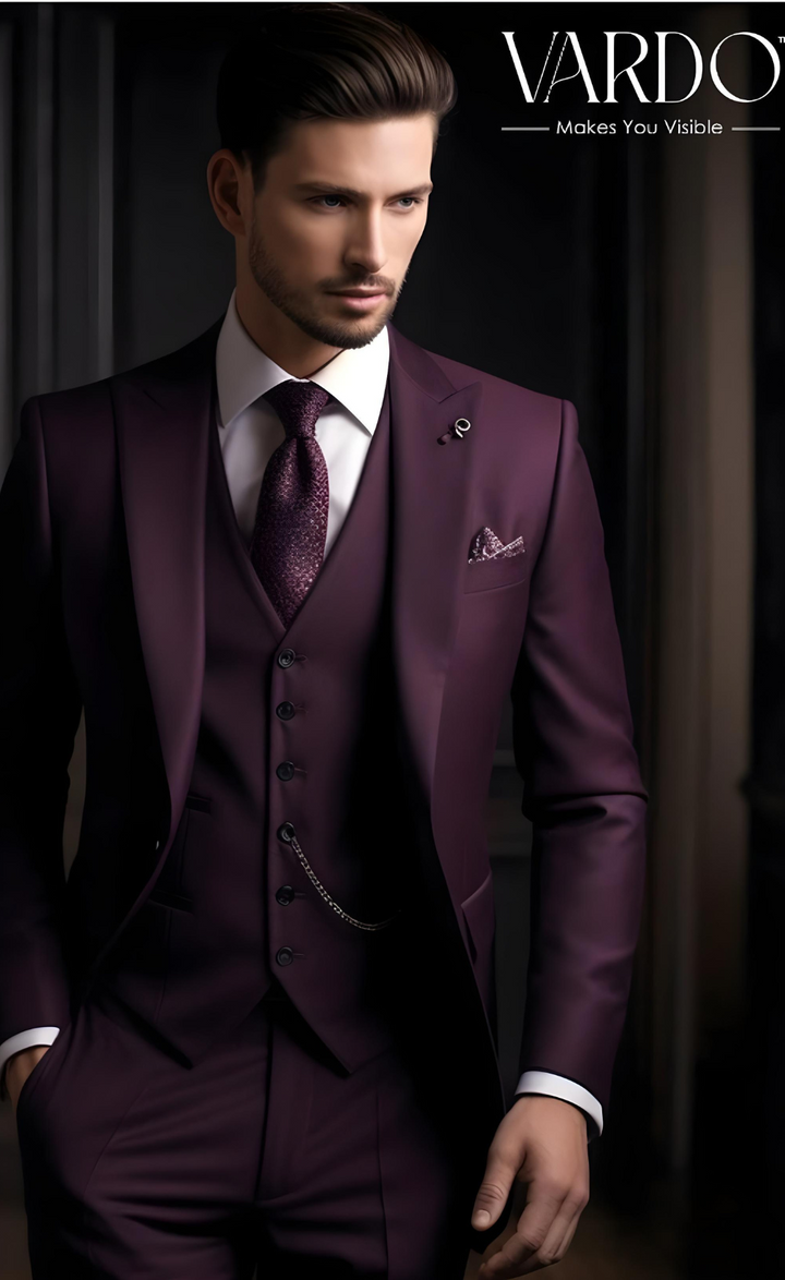 Elegant Men's Purple Three-Piece Suit – Sophisticated Formalwear for Exceptional Style- Tailored Suit-The Rising Sun store, Vardo
