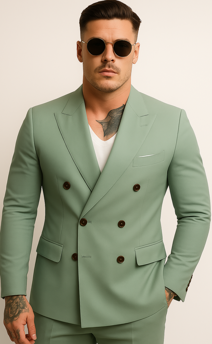 Men's Sage Green Double-Breasted Suit - Luxurious Tailored Fit Business Attire - Standout Formal Wear