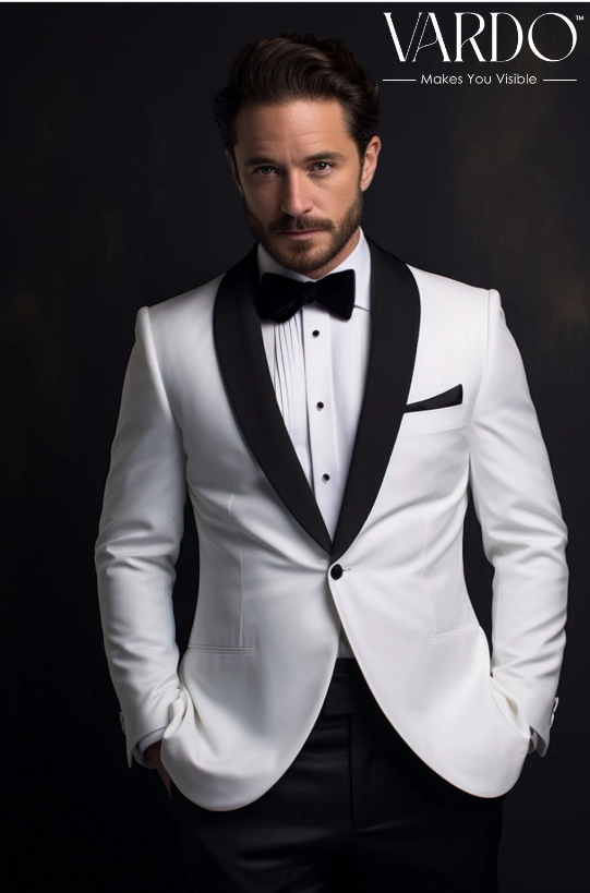 White suit fashion black bow tie