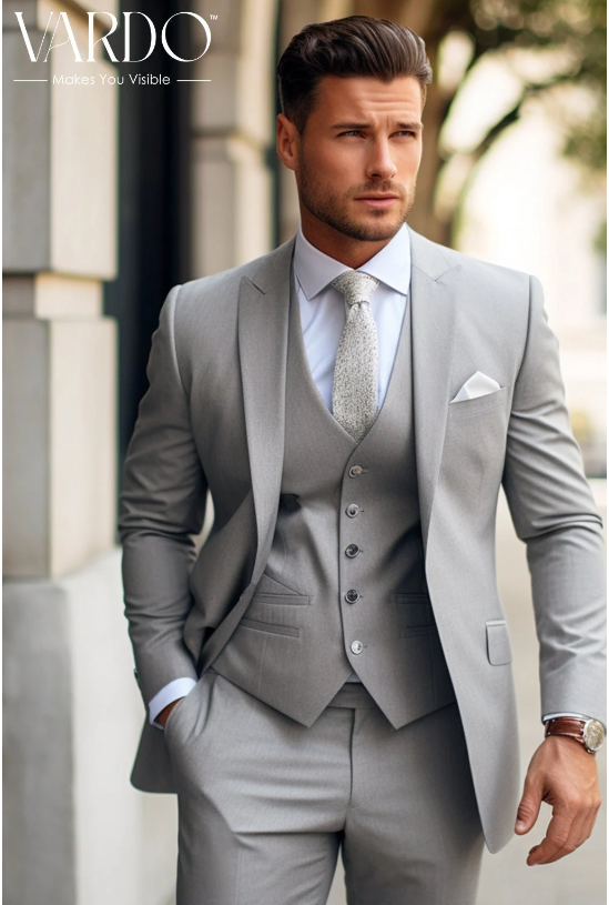 Light Grey Three Piece Suit for Men Formal Wedding Business or Spe VARDO