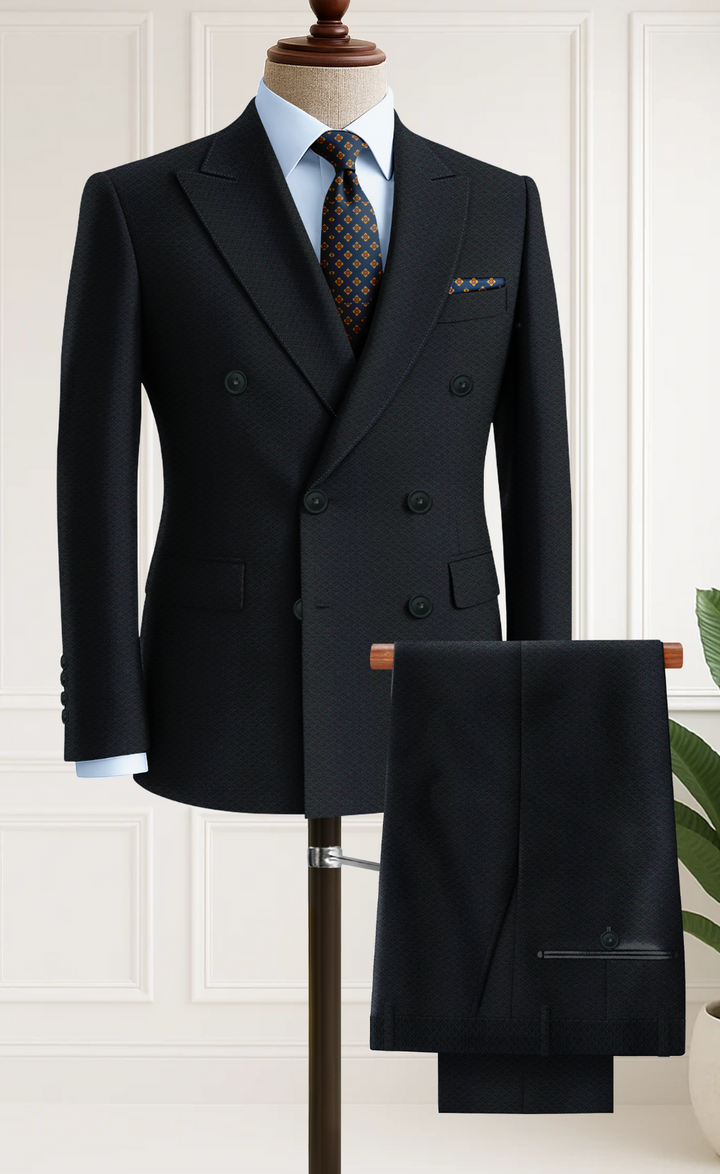 Dark Blue Double-Breasted Suit for Men – Premium Textured Fabric| Wedding, Business & Formal Wear | Vardo