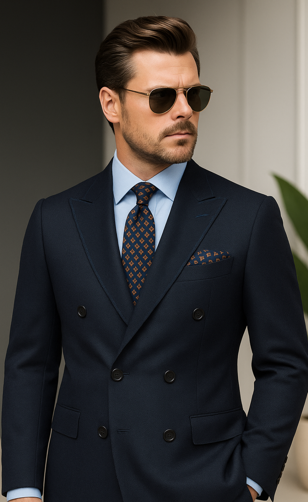 Dark Blue Double-Breasted Suit for Men – Premium Textured Fabric| Wedding, Business & Formal Wear | Vardo