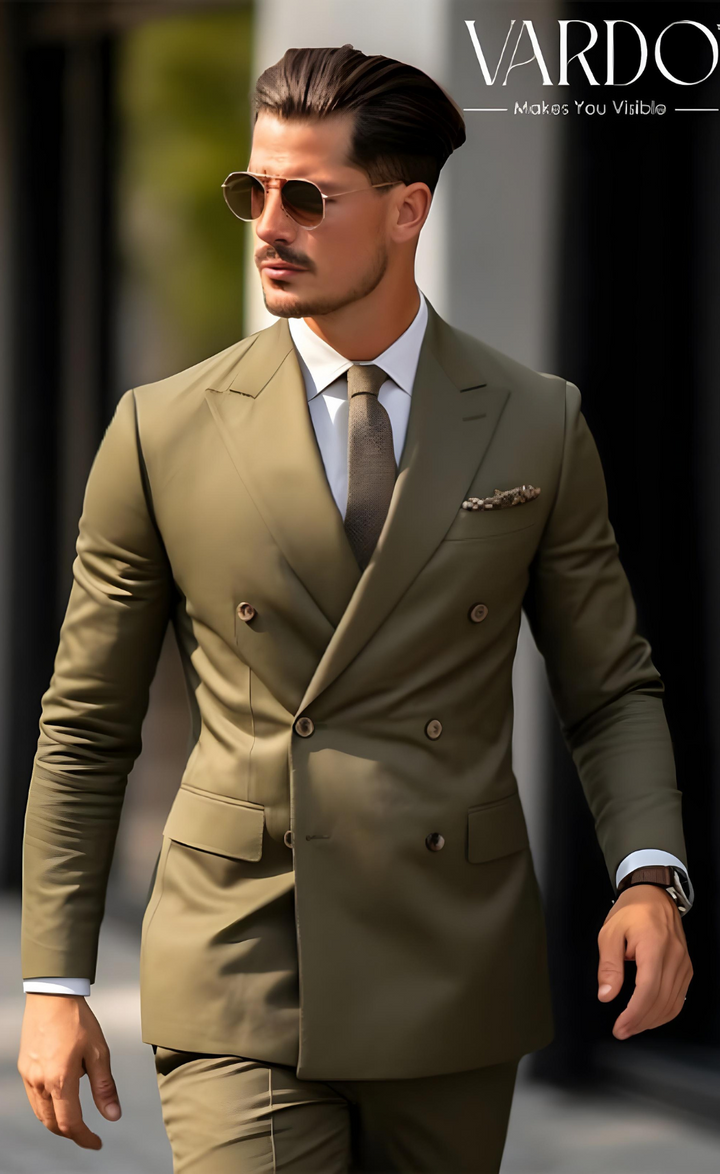 Elegant Olive Green Double Breasted Suit for Men