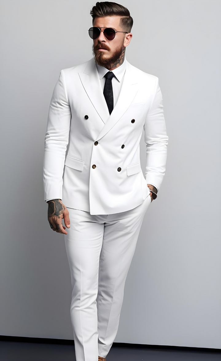 Men's Luxury White Double-Breasted Suit - Classic Two-Piece Formal Wear - Premium Tailored Fit Ensemble