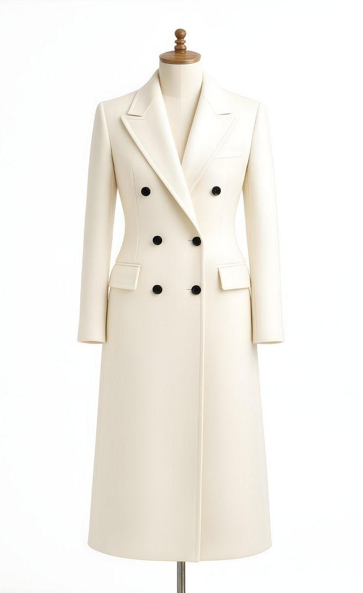 Off-White Wool Women’s Double-Breasted Trench Coat – Elegant Winter Outerwear